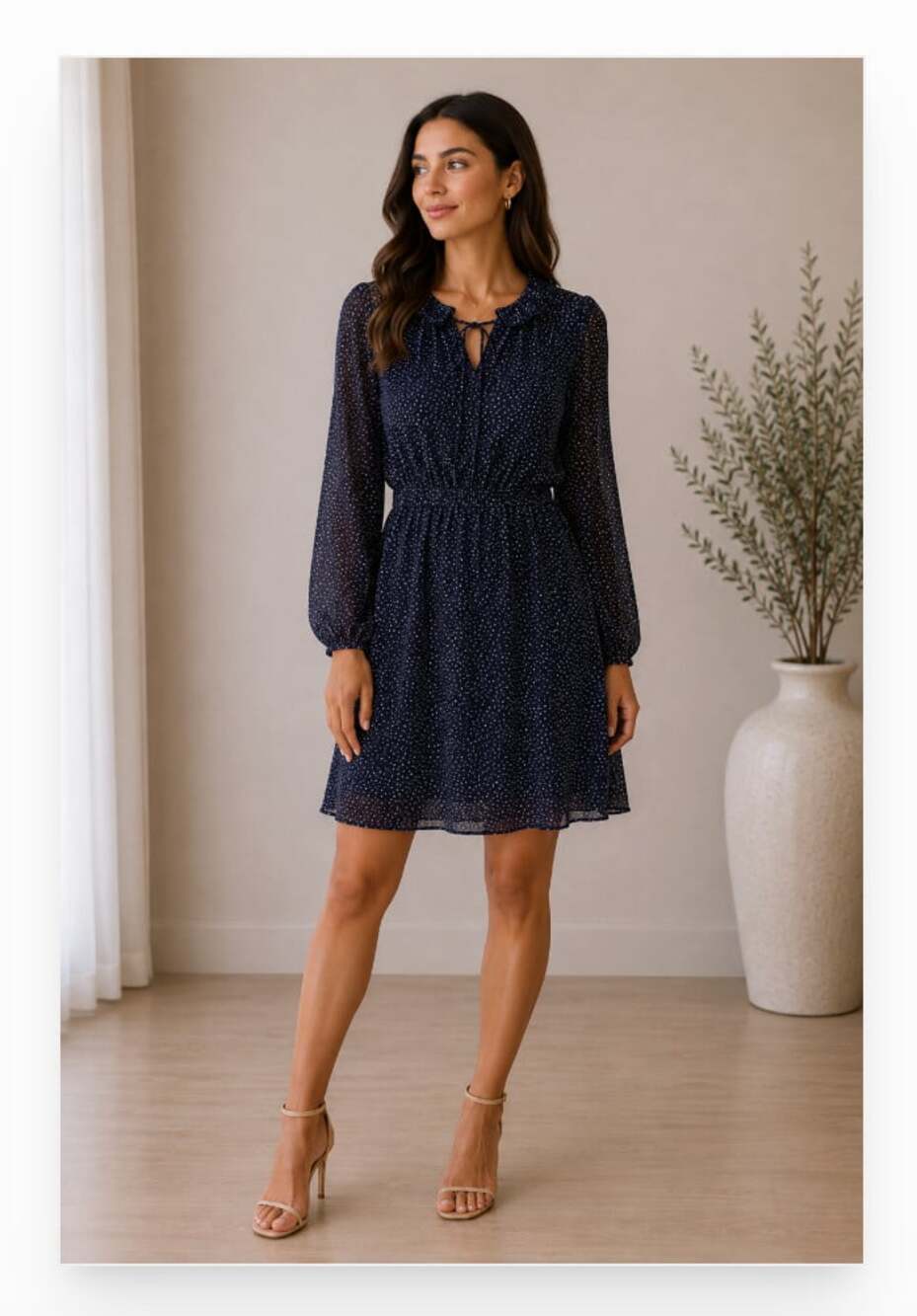 LOFT Dress Womens 8 Blue Polka Dot Ruffle 3/4 Sleeve Fit Flare Short Workwear